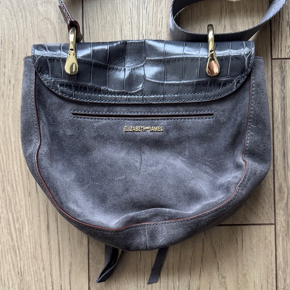 Elizabeth and James Zoe Croc Embossed Leather & Suede Saddle Crossbody Bag Gray